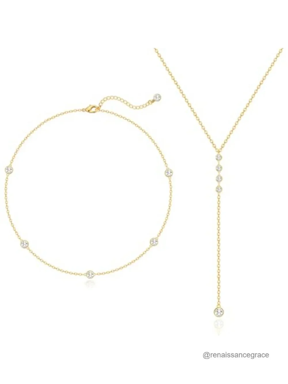 Layered Lariat Necklace Set Gold Plated CZ Y-Shaped Choker Wedding Jewelry